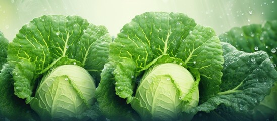 Fresh cabbage leaves in an orchard covered in water drops create a beautiful vegetarian backdrop...