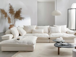 elegant living room with light interior colors, white sofa with chaise longue and sloped arms and loose cushions