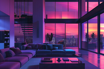 Futuristic living room interior with large windows, purple and blue colors, and a view of the night city.