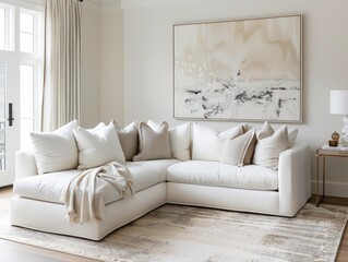 elegant living room with light interior colors, white sofa with chaise longue and sloped arms and loose cushions