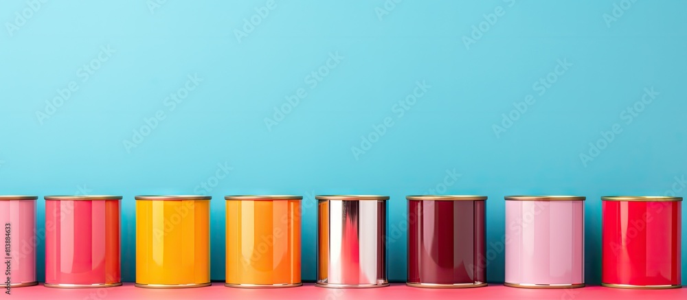 Poster design mock up featuring blank metal cans placed on a colorful background in a flat lay arrangement 
