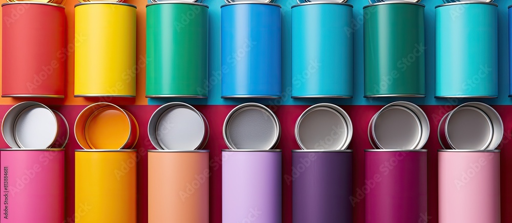 Poster design mock up featuring blank metal cans placed on a colorful background in a flat lay arrangement 