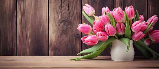 A vibrant arrangement of pink tulips sits on a shelf against a backdrop of rustic wooden wall The composition leaves room for additional content