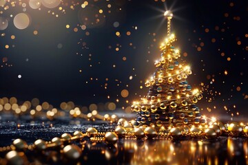 Naklejka premium A luxurious Christmas tree crafted from a gold chain and pearls, serving as a glamorous New Year symbol perfect for elegant advertising designs and festive greeting cards