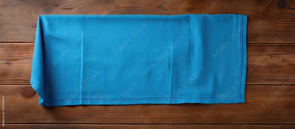 Poster from an overhead perspective there is a copy space image showcasing a blue towel draped across a woo