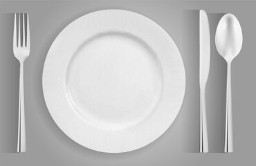 photorealistic vector drawing of cutlery ready to eat, plate, spoon, fork, knife view from above