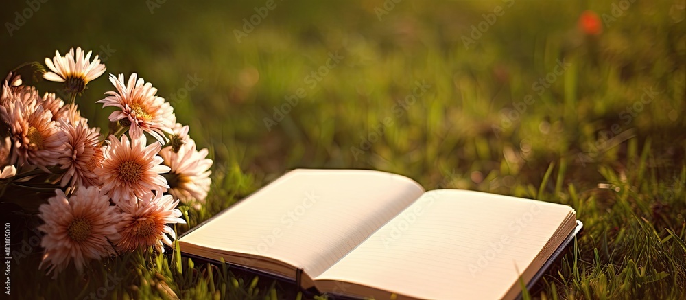 Poster the image showcases an empty notebook placed in a space with an artificial flower background. copy s