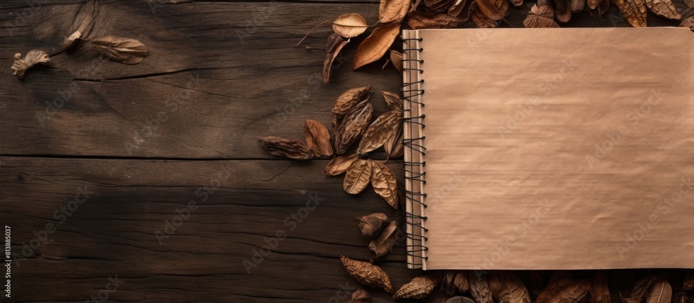 Poster a notebook with a wooden pattern and dried leaves serves as a captivating background for a presentat