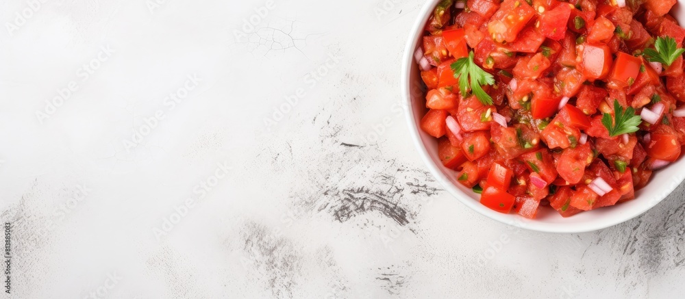 Poster the top view of a bowl containing tomato salsa is displayed on a white stone background providing am