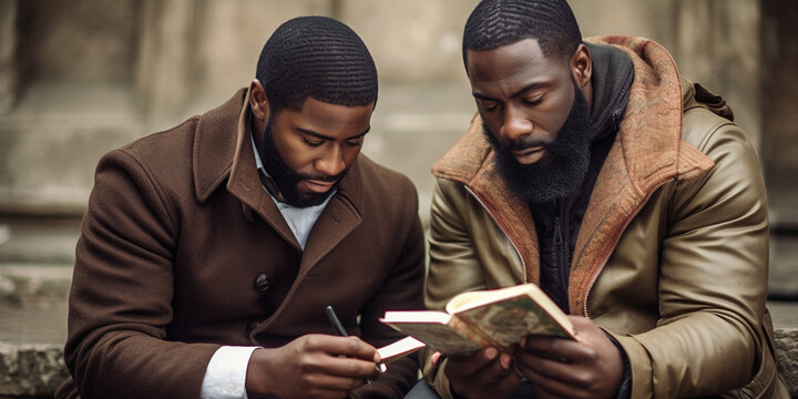 Two young African-American men in stylish urban clothing are reading a book together, reflecting a sense of camaraderie and intellectual curiosity.