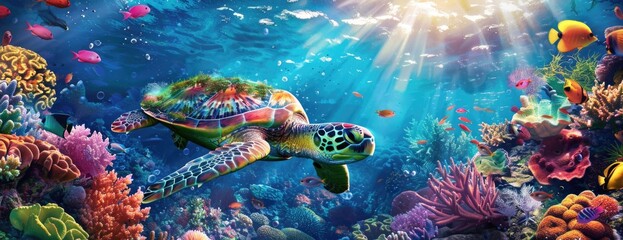 Enchanting Underwater Landscape with Turtle Gliding Through Sunlit Waters