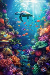 Fototapeta na wymiar Enchanting Underwater Landscape with Turtle Gliding Through Sunlit Waters