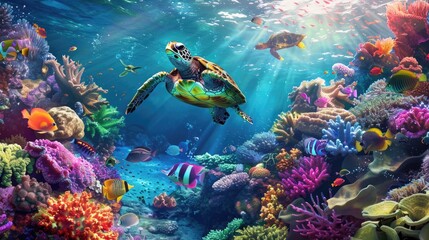 Vibrant Underwater Seascape with Swimming Turtle