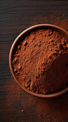 Heap of cocoa powder in a ceramic bowl on a wooden table