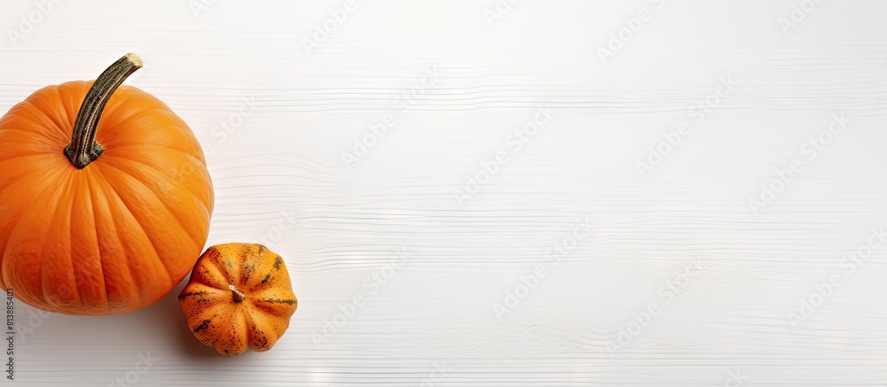 Poster top view of a pumpkin on a white table creating an autumn background with ample copy space for addit