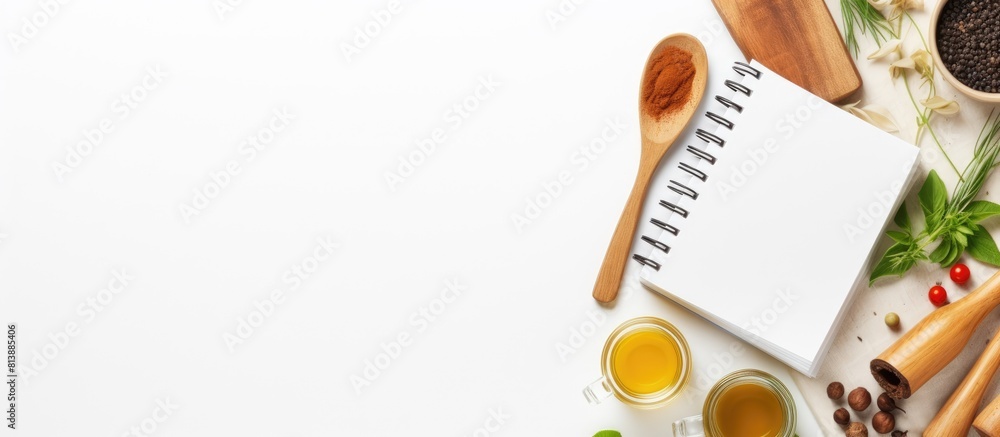Poster a recipe book and various kitchen utensils arranged neatly on a clean white background with ample co