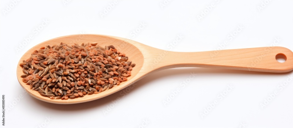 Poster a photo of flax grains and spices in a wooden spoon placed on a white background with space availabl