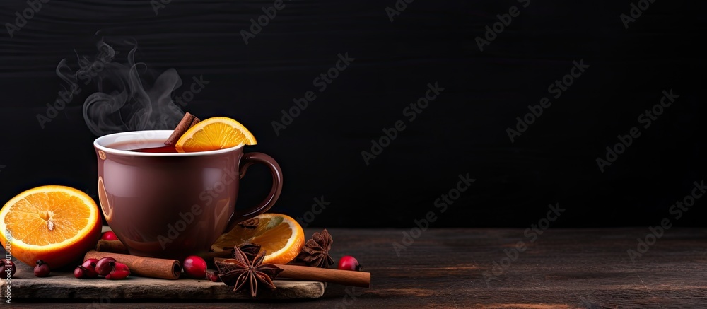 Poster a hot beverage mulled wine with apples oranges and spices is presented in the copy space image