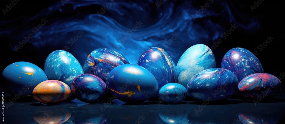 Poster blue cosmic painted easter eggs arranged in a frame with a copy space image for text the vibrant and