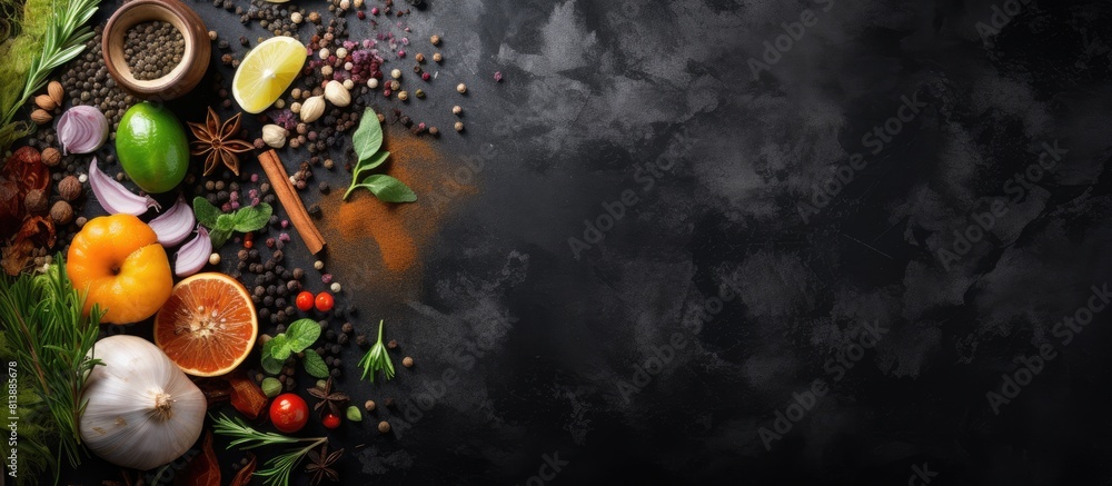 Poster top view of a cooking background with black stone spices and vegetables there is free space availabl