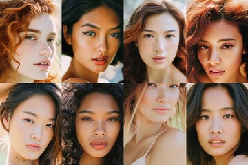 Obraz premium A vibrant collage showcasing multi-ethnic and diverse women looking directly at the camera, celebrating beauty across different ages, backgrounds, ethnicities, and hairstyles, all smiling warmly toget