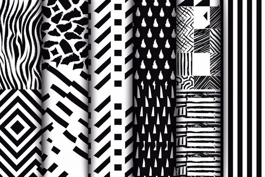 A curated collection of vector seamless geometric patterns featuring striped black and white abstract backgrounds, monochrome linear textures, and an array of endlessly unique prints.