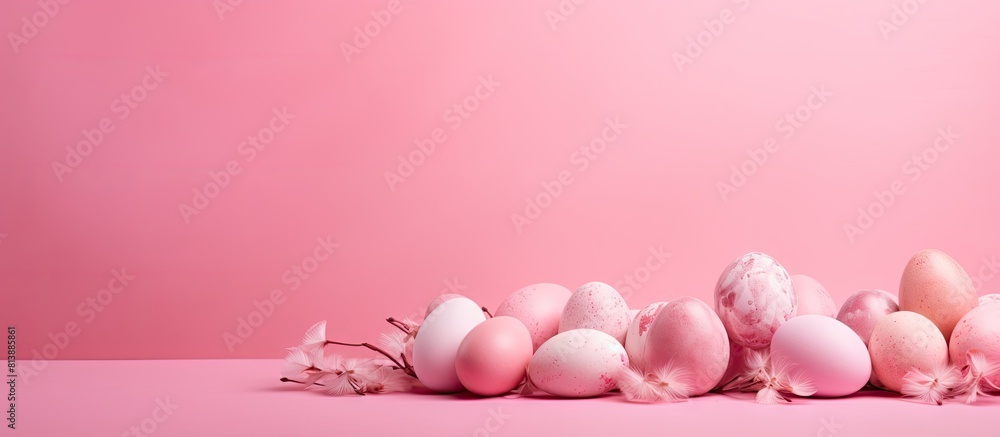 Poster pink background with handmade painted eggs creating an easter themed copy space image