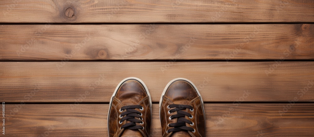 Poster view from above of shoes placed on a wooden background with space available for text or additional i
