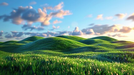 Sunset Over Verdant Rolling Hills with Dramatic Cloudy Sky