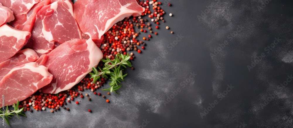 Poster A top down view of sliced raw pork meat on a gray stone table with ample space for text in the image background