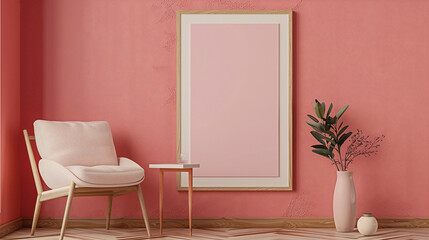 Minimalistic living room interior with pink armchair, wooden table, pink vase, and empty frame mockup on the wall in the background