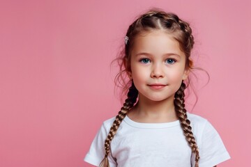 Charming young girl with braided hair smiling on a pink background, with ample space for text.