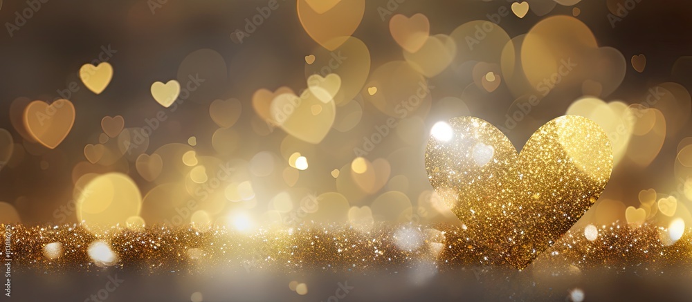 Poster an abstract background with a heart shaped bokeh design sparkling in golden glitter providing ample 