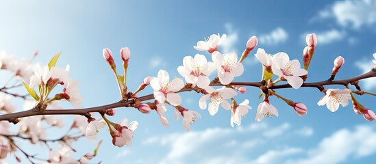Close up copy space image of a flower bud against the background of a beautiful spring sky filled with almond blossoms