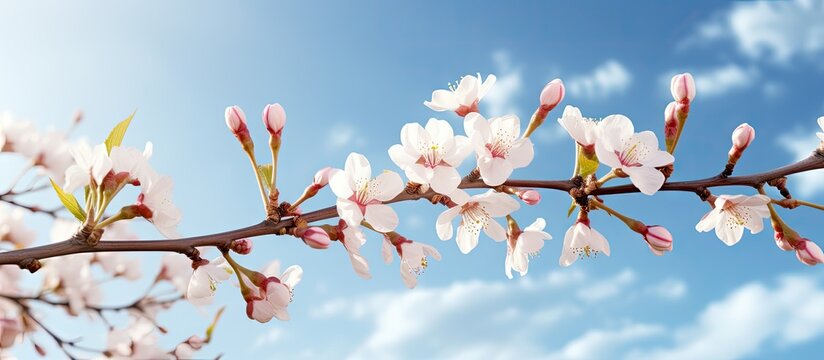 Close up copy space image of a flower bud against the background of a beautiful spring sky filled with almond blossoms