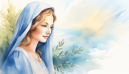 Assumption of the Blessed Mary holiday concept, watercolor art style, copyspace on a side