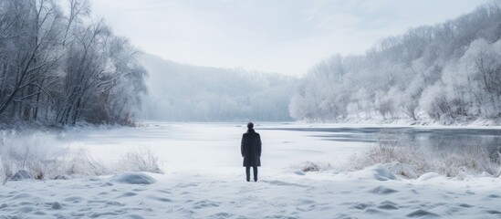 A man wearing a black coat stands on the snowy riverbank surrounded by a winter landscape The frozen weather accentuates the contrast between human presence and the power of nature Copy space image
