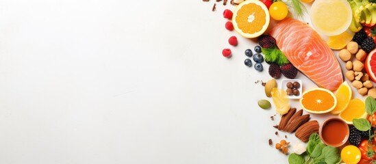 Top view copy space image of vitamin D rich foods arranged on a light background showcasing the concept of a healthy and nutritious diet