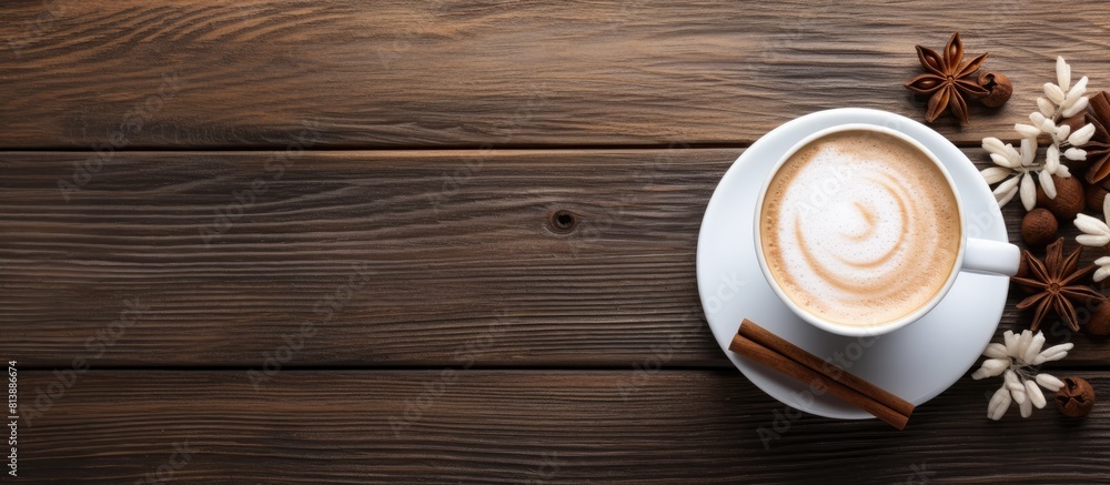 Poster on a wooden table there is a cup of hot drink topped with aromatic cinnamon and whipped cream creati