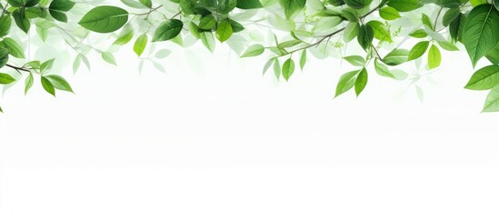 A white background with vibrant green leaves and branches that create ample copy space image
