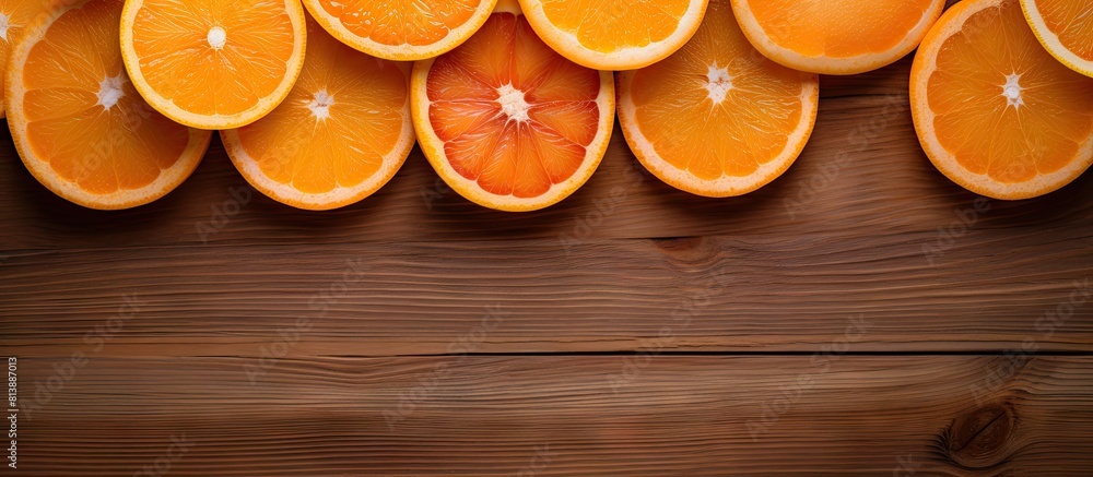 Poster a top view of sliced oranges arranged on a wooden table with space for additional elements in the im
