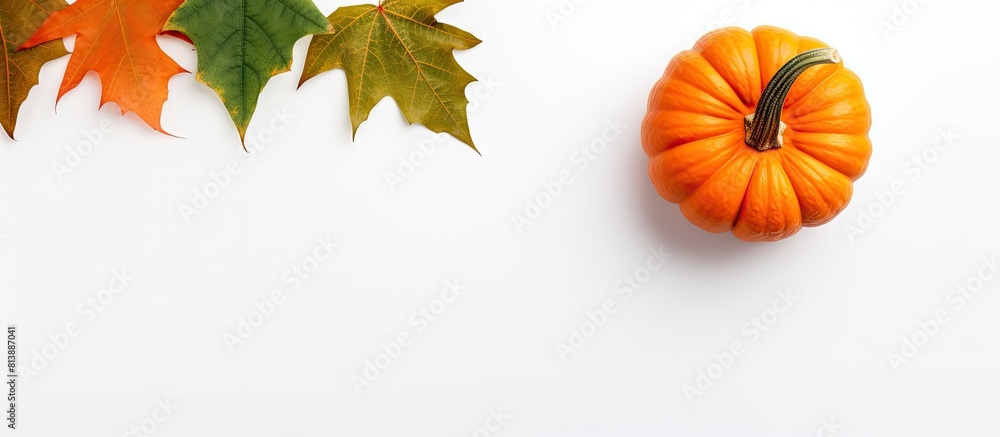 Poster top view copy space image of a pumpkin and leaf creatively arranged on a dual tone white and orange 