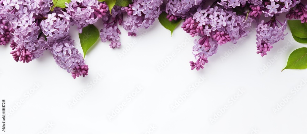 Poster a flat lay image of spring lilac flowers with a decorative border and a white background providing a