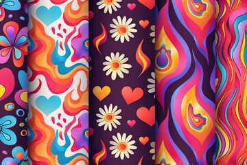 Set of seamless groovy patterns featuring flames, daisy flowers, and hearts. Explore psychedelic abstract vector backgrounds for vibrant and dynamic designs