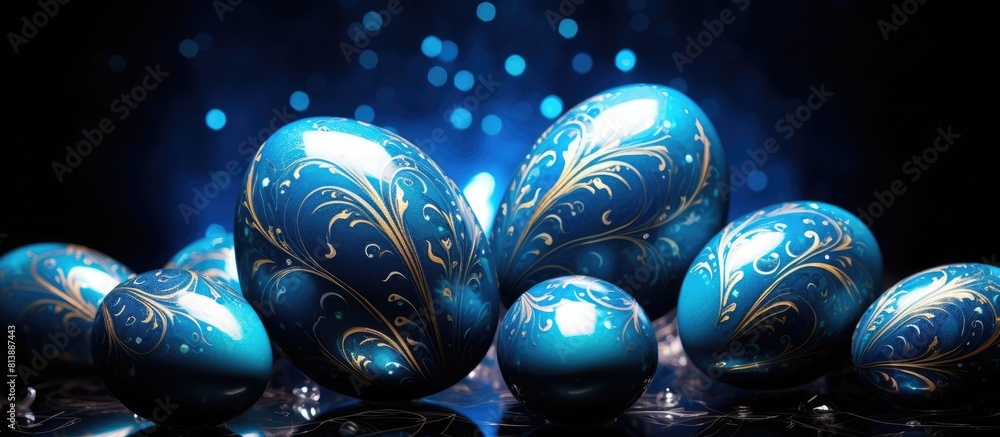 Poster blue cosmic painted easter eggs arranged in a frame with a copy space image for text the vibrant and