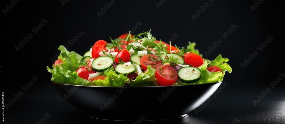 Poster top view of a fresh vegetable salad featuring tomato lettuce and cucumber placed on a light backgrou