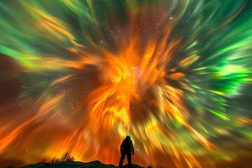 Explosive red and green aurora with observer