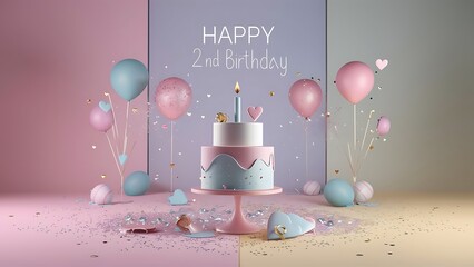 Minimalist 3D Pastel theme Happy 2nd Birthday Background With Illustration Of Cake, Balloons, Heart And Confetti, 3d Happy Birthday Background