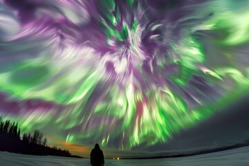 Person watching aurora borealis in vast sky