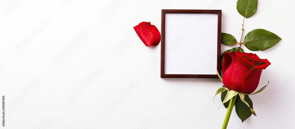 Poster flat lay view of a red rose and photo frame on a white background offering ample copy space for cust